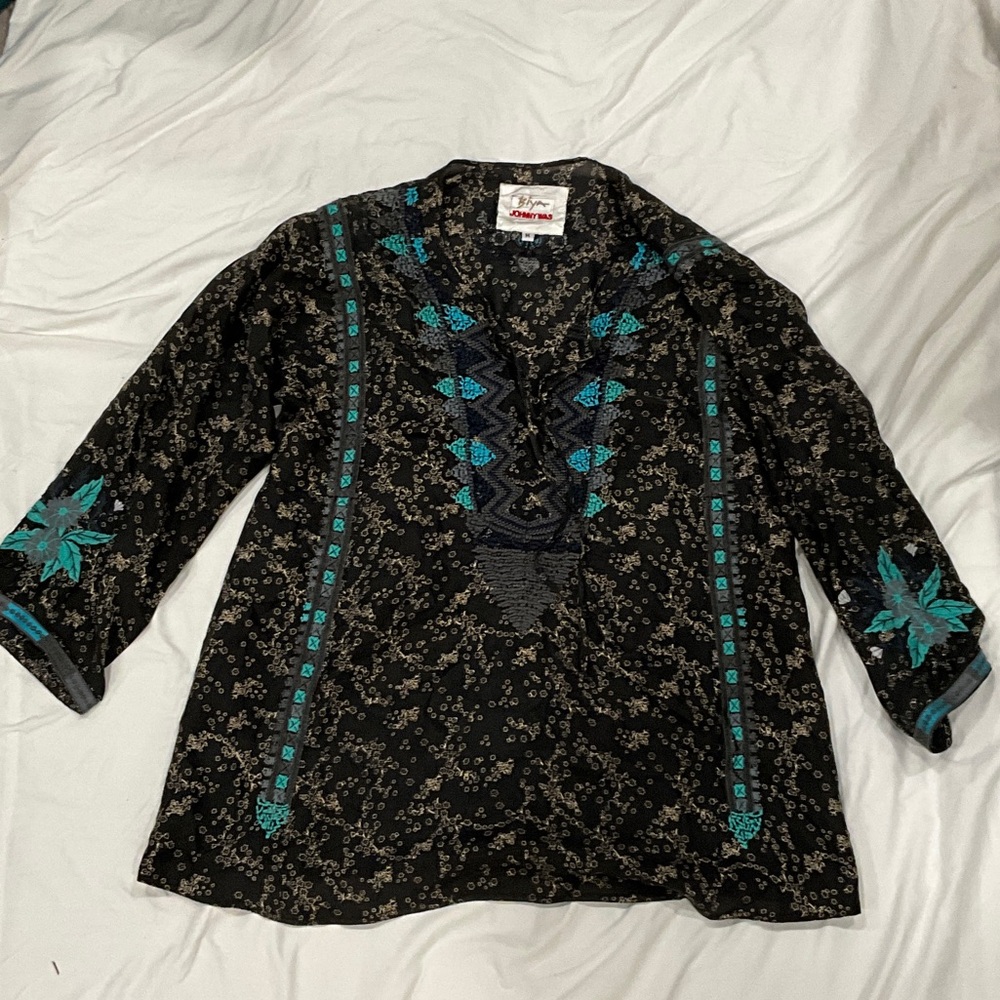 Johnny Was Black and Teal Embroidered Top